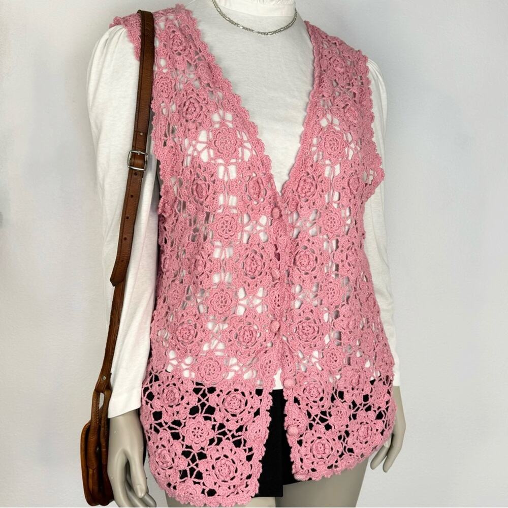 Vintage Crochet Boho Cottagecore Flower Sweater Vest Pink